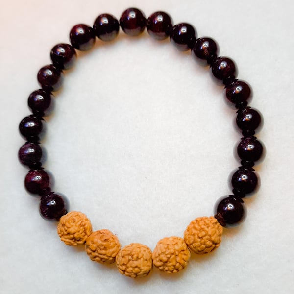 Handmade Garnet and Rudraksha bead Stack Bracelet-compassion,balance & success 