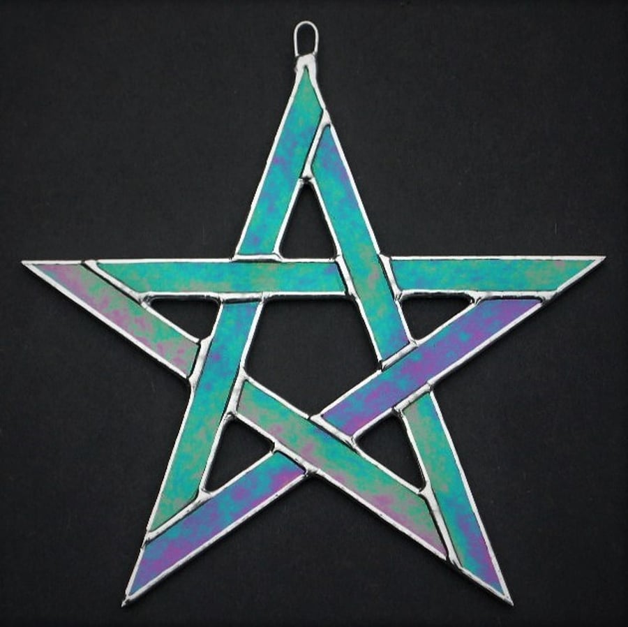Stained Glass suncatcher Pentagram 5 pointed star light blue iridescent glass
