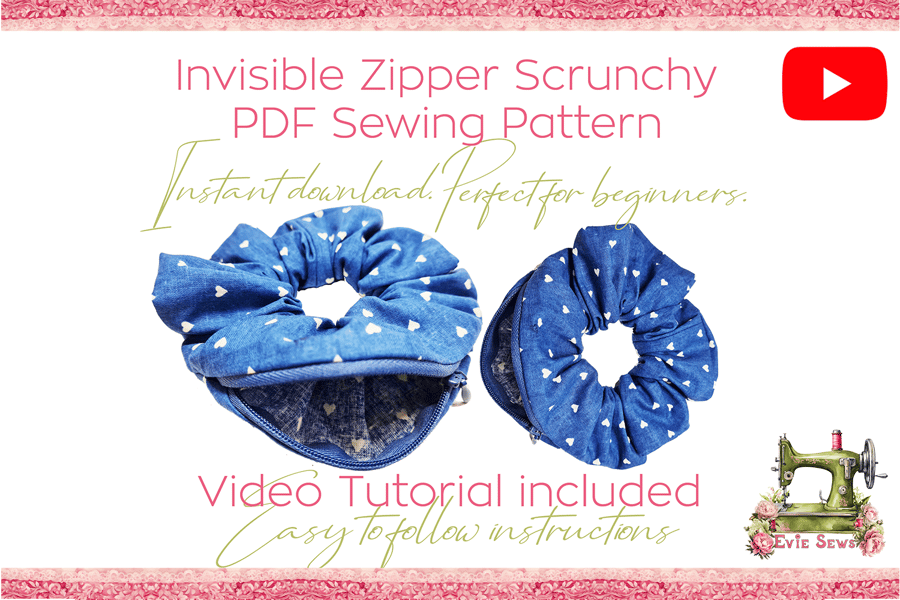 Invisible Zipper Scrunchie sewing pattern hair accessory PDF Instant download