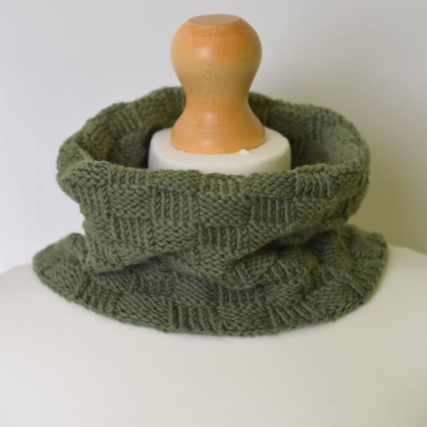 Hand Knitted Merino Wool Cowl, Unisex Neck Warmer, Olive Green Winter Snood