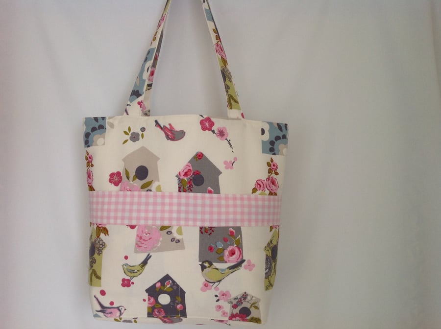 Bird House Tote Bag with External Front Pockets,  Shopping Bag, Beach Bag