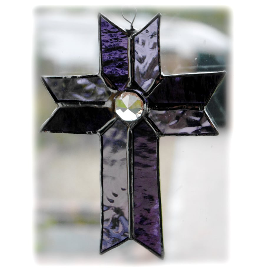 Cross Suncatcher Stained Glass Handmade Purple Crystal 