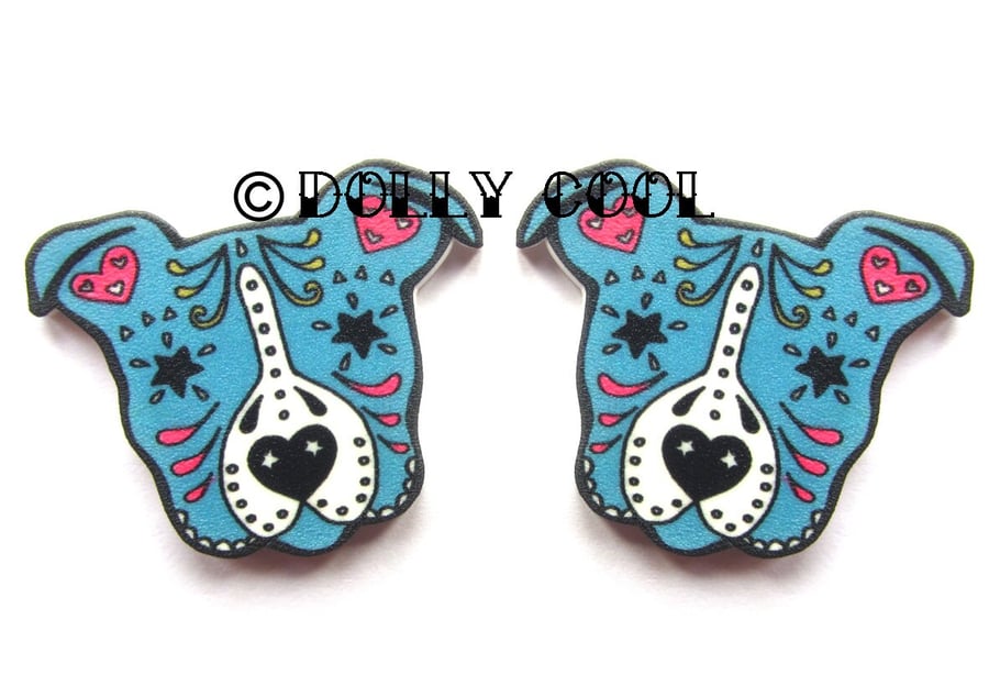 Pitbull - Staffie - Earrings Sugar Skull Style in Blue by Dolly Cool