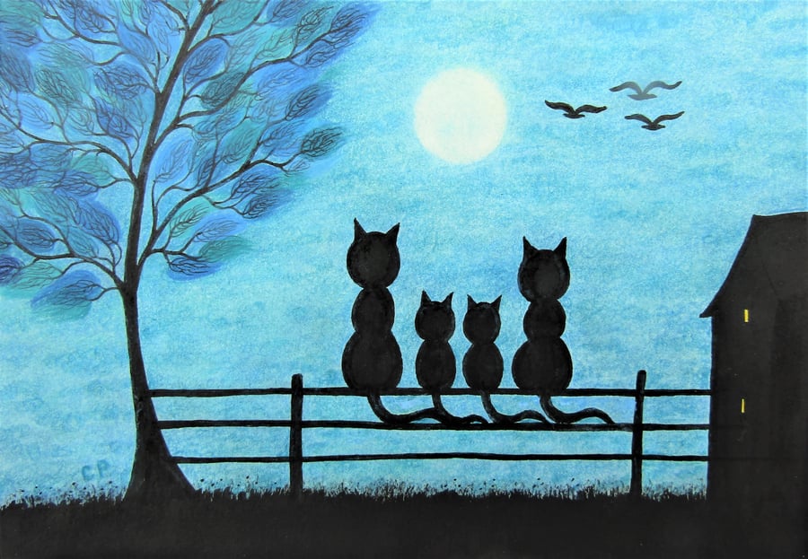 Fathers Day Gift, Cat Art Print, Four Black Cats Tree Moon Picture, Twin Animals