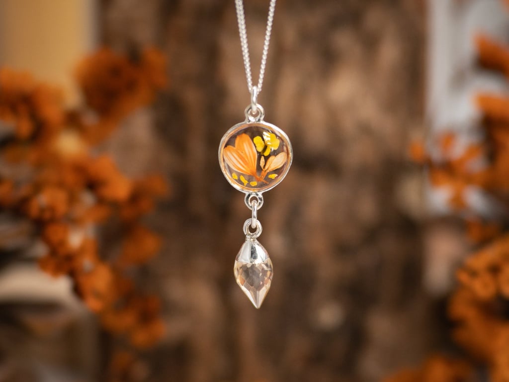 CITRINE & Real Flower Necklace, Sterling Silver Pendant