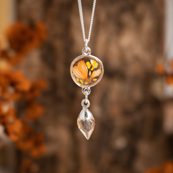 CITRINE & Real Flower Necklace, Sterling Silver Pendant