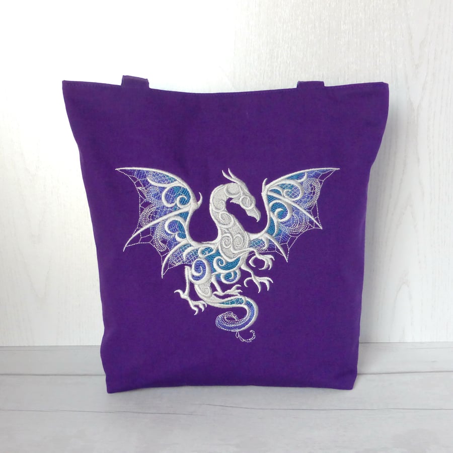 Purple Tote Bag, dragon, embroidered.