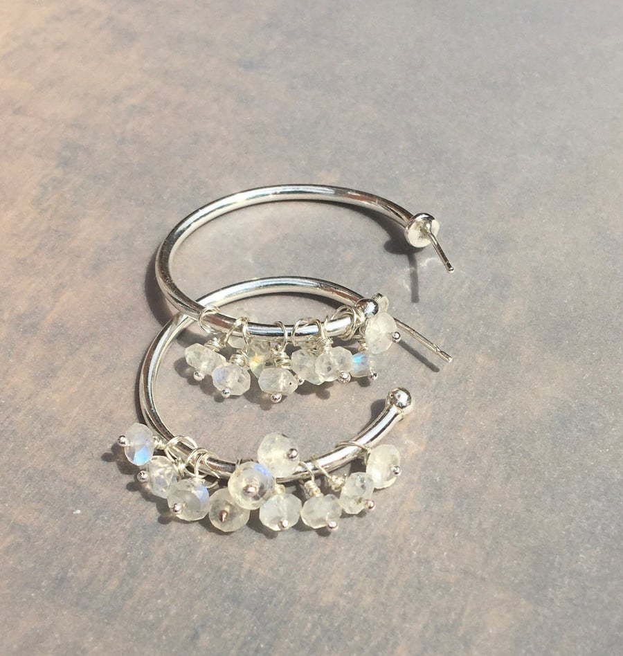 Sterling Silver & Moonstone Hoop Earrings