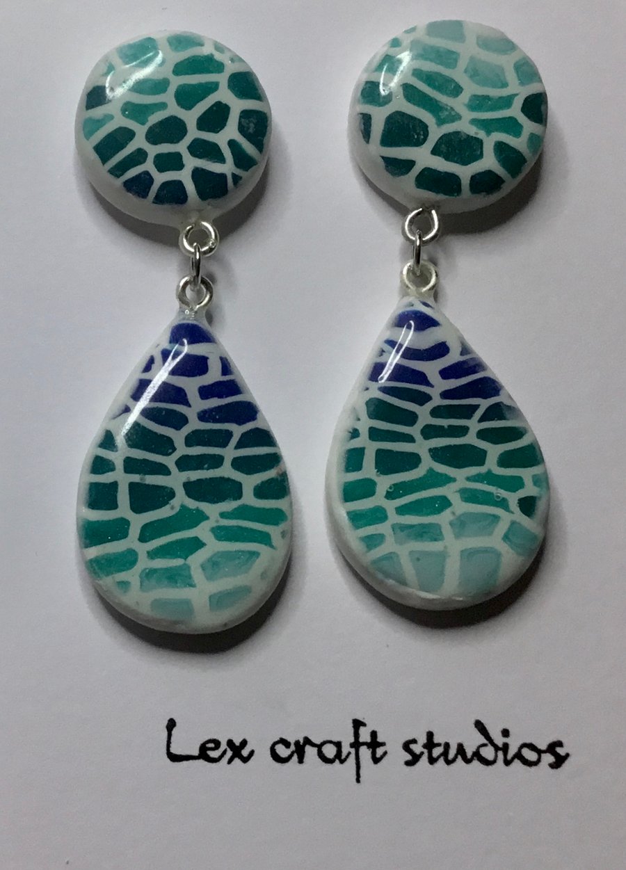 Handmade mosaic teardrop  ceramic earrings 