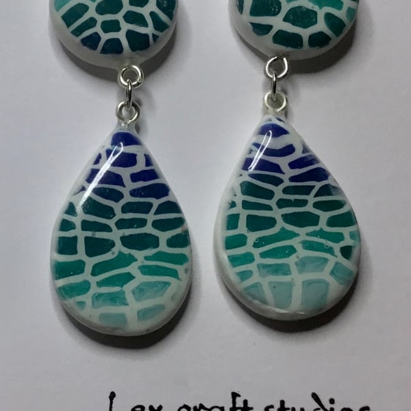 Handmade mosaic teardrop  ceramic earrings 