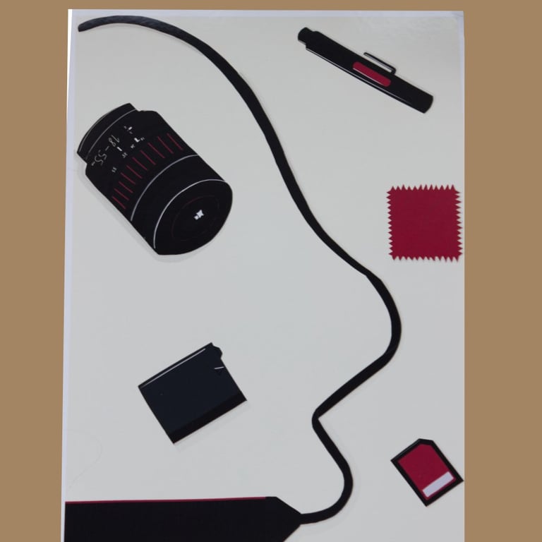 'Camera Kit' A4  Print, cream, red, black Unframed