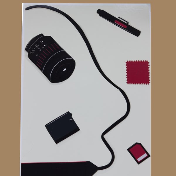 'Camera Kit' A4  Print, cream, red, black Unframed