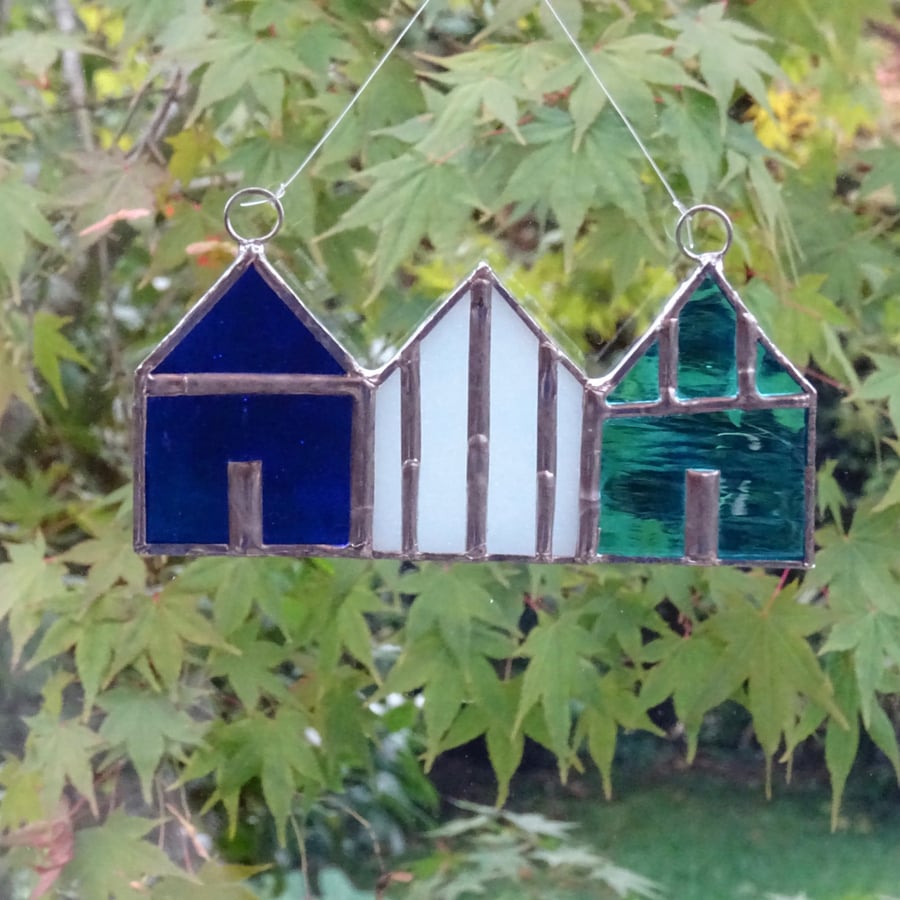 Stained Glass Suncatcher Beach Huts - Blue, White and Sky Blue