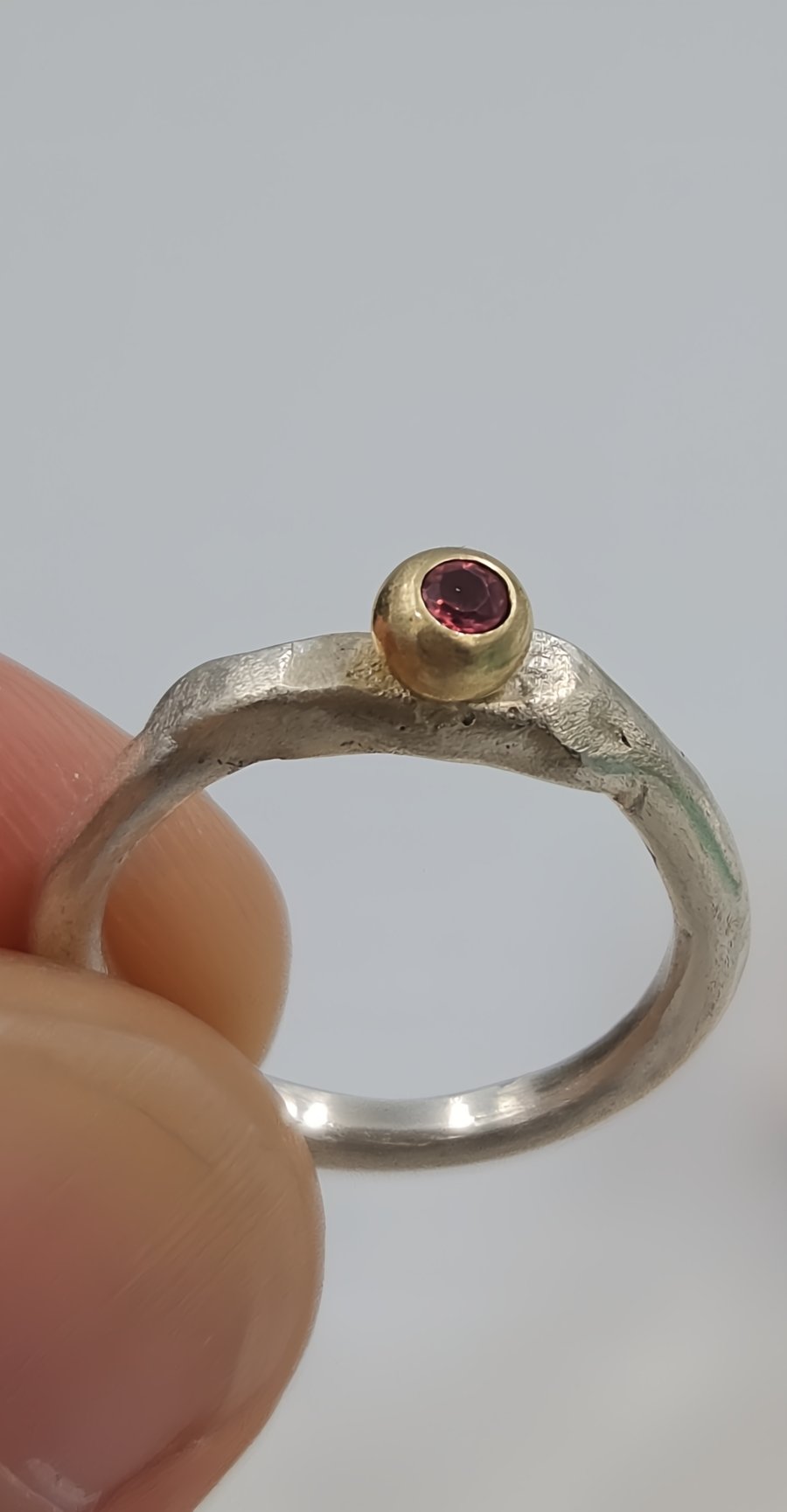 Molten Silver Pinky Ring with Gold Granule and Garnet