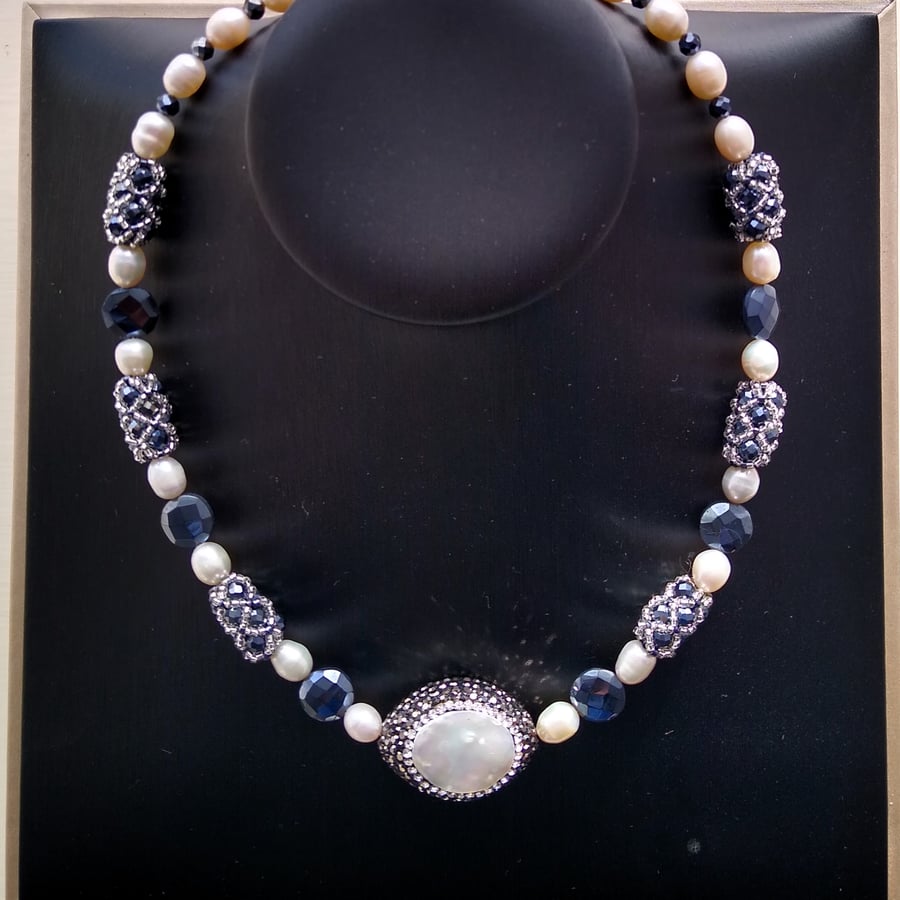 Sterling Silver Cultured Pearl, CZ and Blue Spinel Flower Pendant Sterling Silver Cultured Pearl, CZ and Blue Spinel Flower Pendant