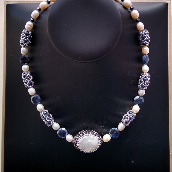 Sterling Silver Cultured Pearl, CZ and Blue Spinel Flower Pendant Sterling Silver Cultured Pearl, CZ and Blue Spinel Flower Pendant