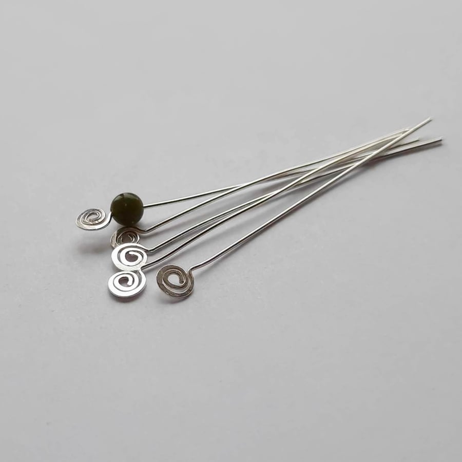 Handmade Recycled Sterling Silver Head Pins - Spiral End - Set of 2