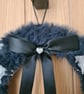 Handmade Dark Grey Faux Fur Wreath,Butterflies,Crystal Hearts,Black Satin Bow - Image 4