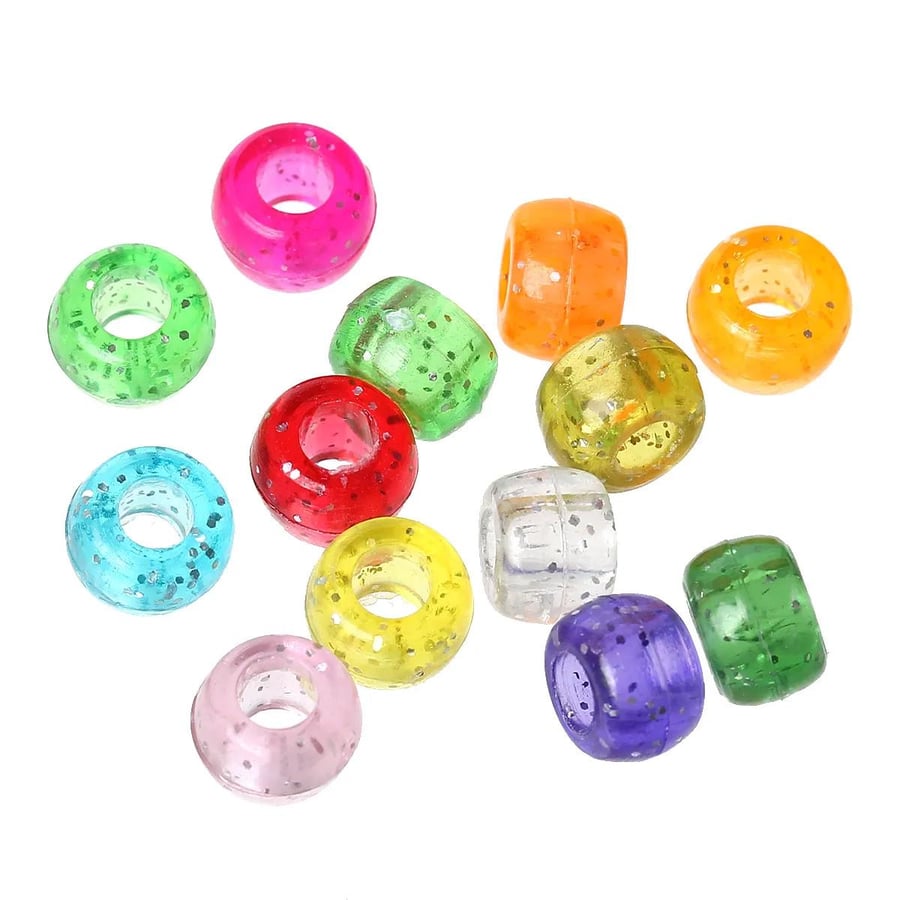 Glitter Acrylic Mixed 9mm x 6mm Large Hole Pony Beads, 4mm Hole, Pack of 100