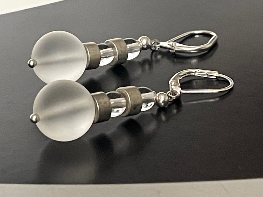 Handcrafted frosted glass and rock crystal gemstones dangling earrings