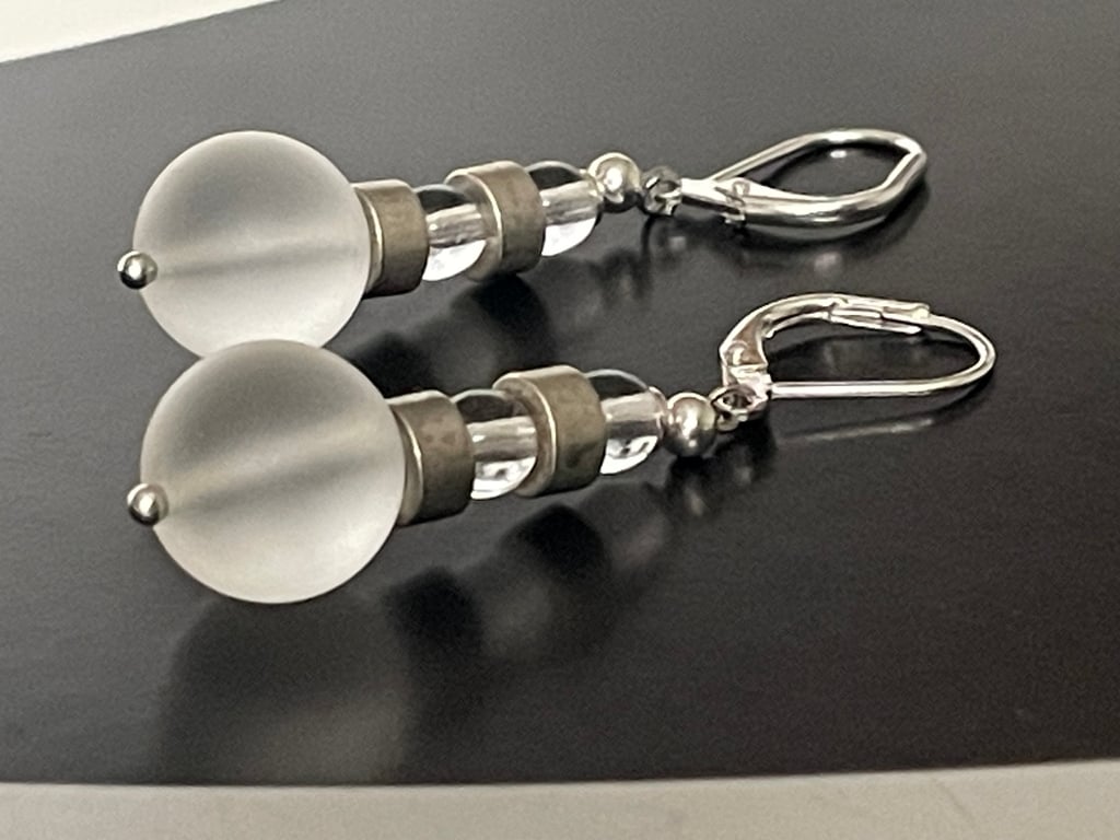 Handcrafted frosted glass and rock crystal gemstones dangling earrings