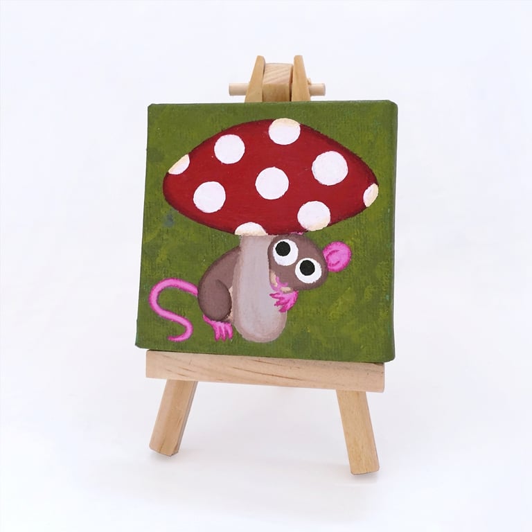 Mouse and Toadstool Painting - whimsical miniature canvas art