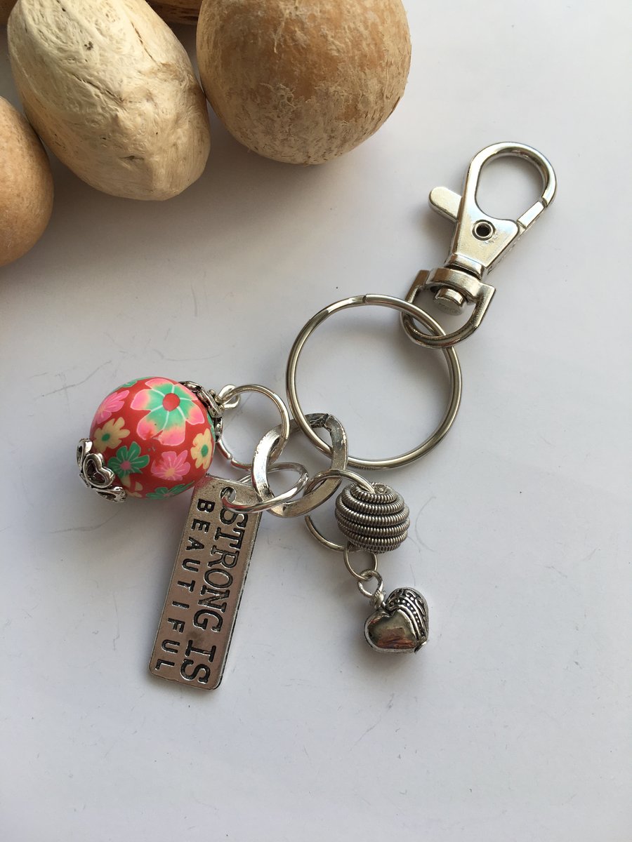 Large Polymer clay bead and charms lobster clasp keyring,bag dangle.