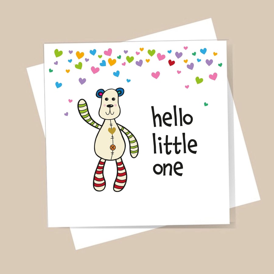 New Baby Card - Hello Little One, with shimmer gold heart. Free delivery