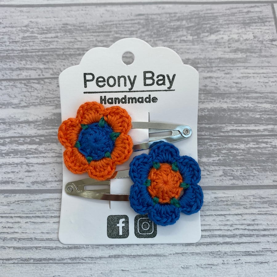 Hair clips with crocheted flowers in orange, gr... Folksy