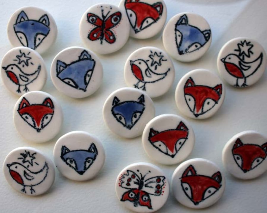 Porcelain brooches -red fox, robin and star, blue wolf, butterfly - Mothers day 