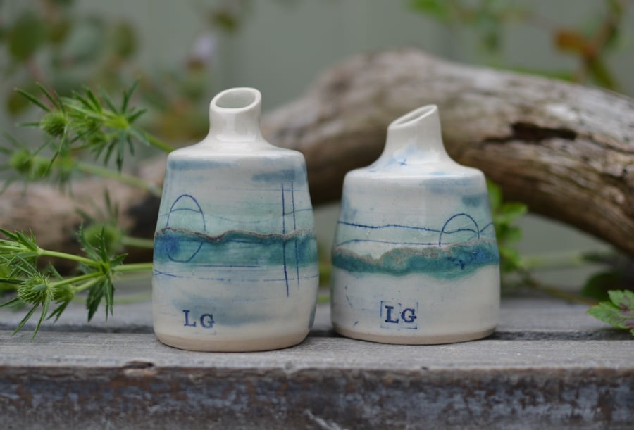 Seascape ceramic bottle bud vase - glazed in turquoise, greens and blues