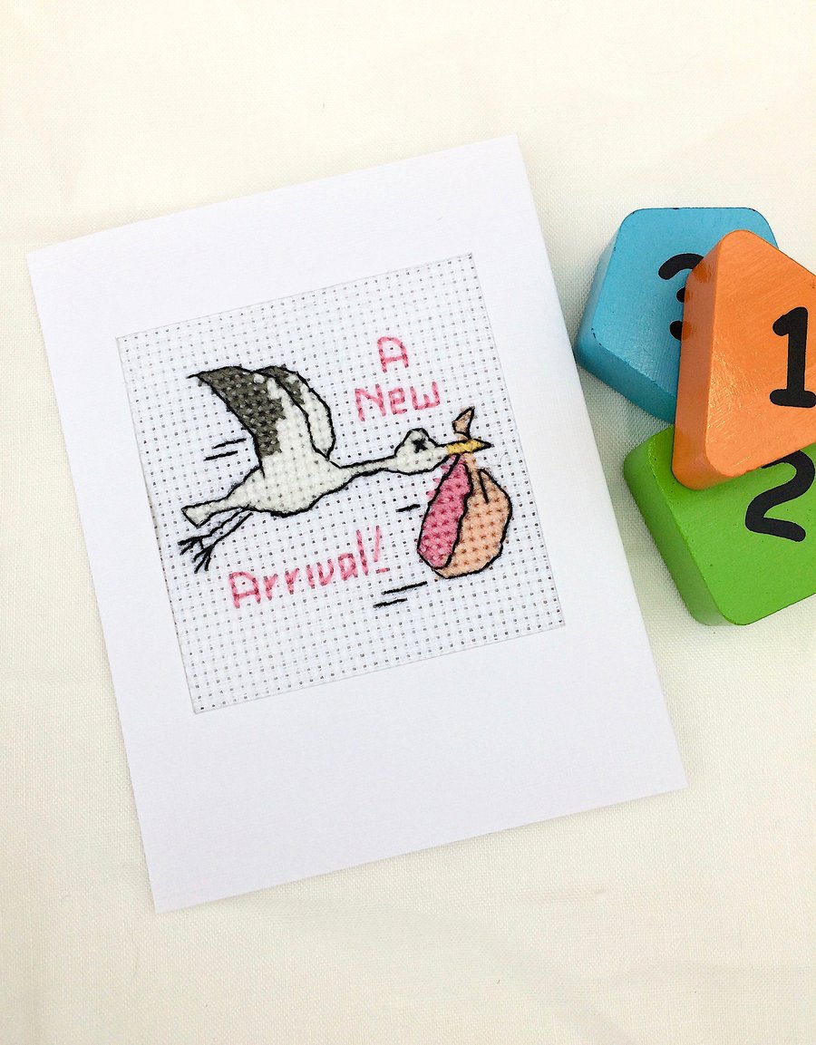 Birth.Christening Cross Stitch Stork Card For Baby Boy or Girl