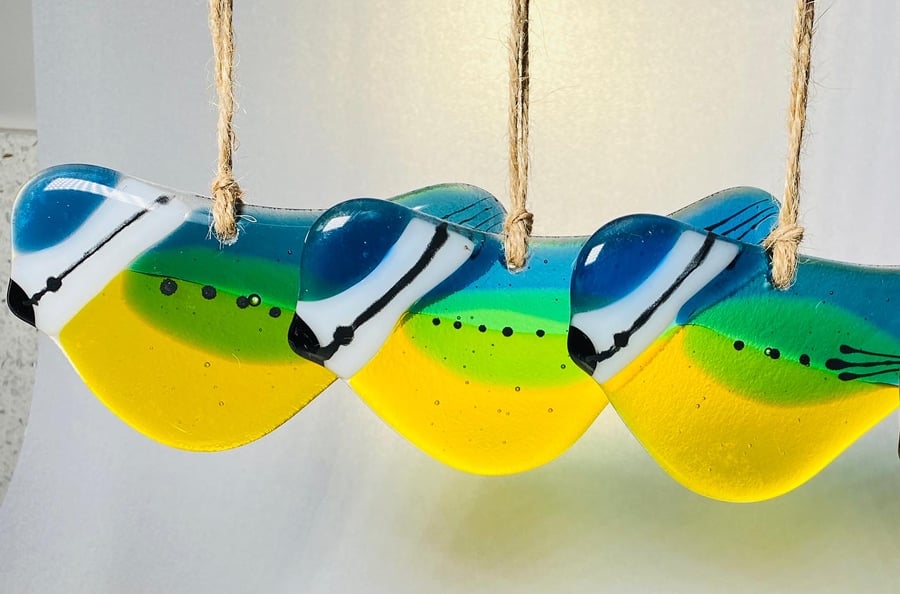 Fused glass blue tit hanging bird- glass birds