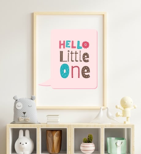 Girls Wall Art Print – A4 Quote Poster –  Hello Little One in pink -  Unframed
