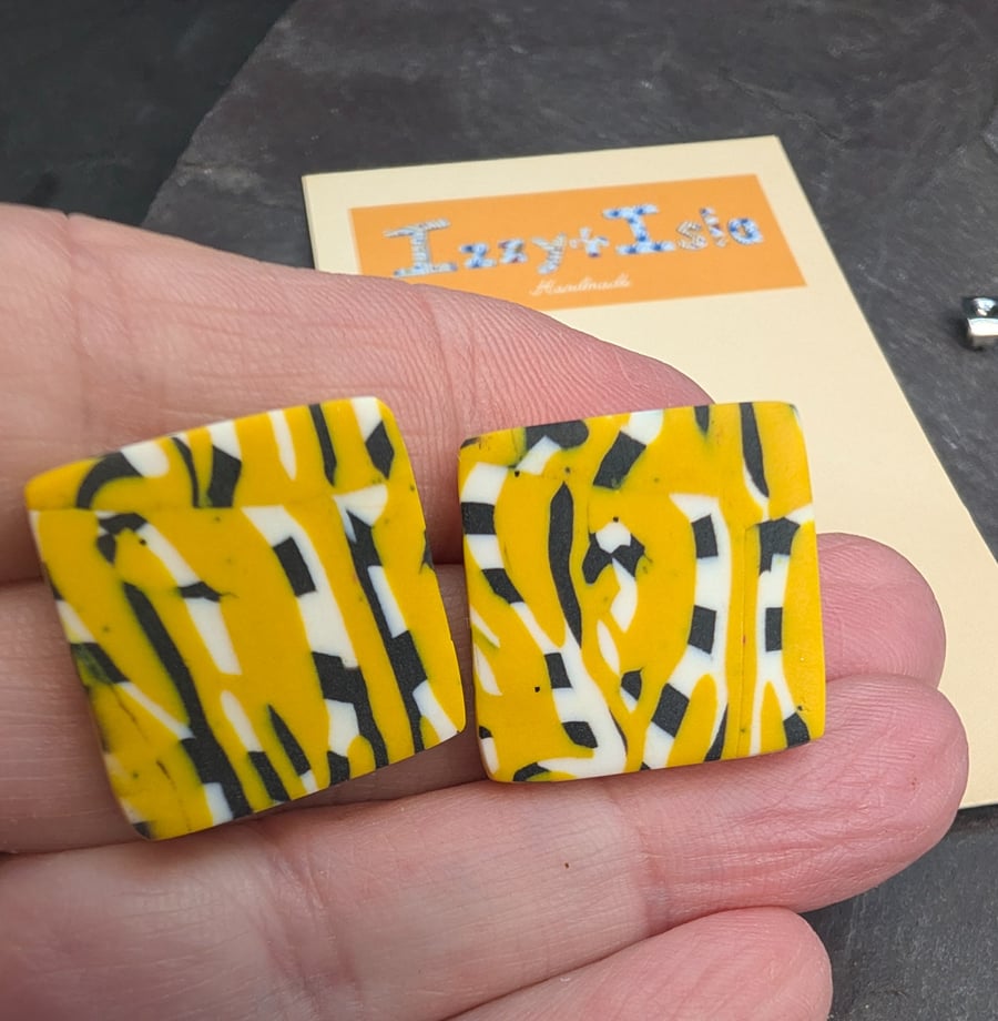 Artisan square stud earrings, yellow, black and white abstract design