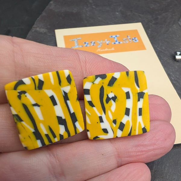 Artisan square stud earrings, yellow, black and white abstract design