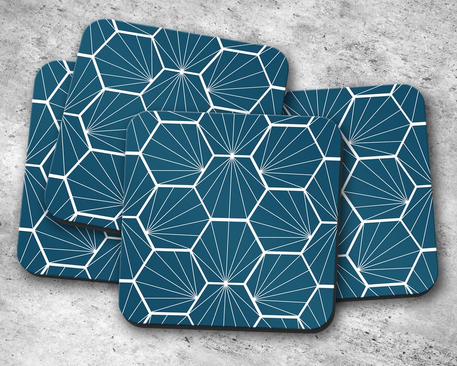 Set of 4 Peacock Blue Coasters with a White Hexagon Design, Drinks Mat