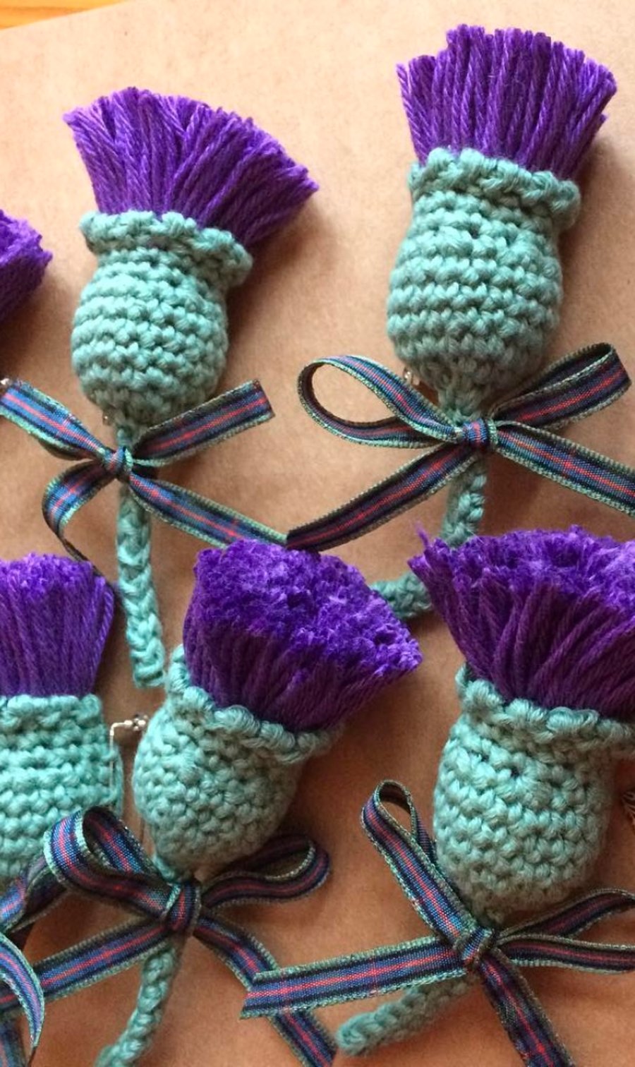 Scottish Thistle crochet Brooch or Keyring tartan ribbon handmade in Scotland 