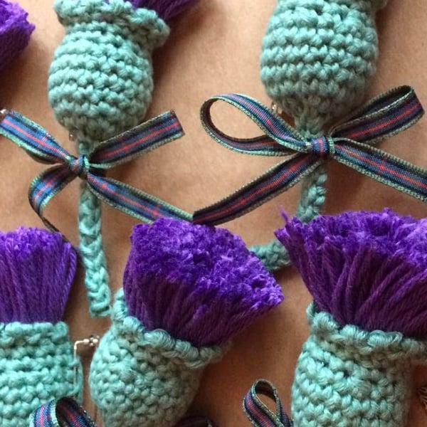 Scottish Thistle crochet Brooch or Keyring tartan ribbon handmade in Scotland 