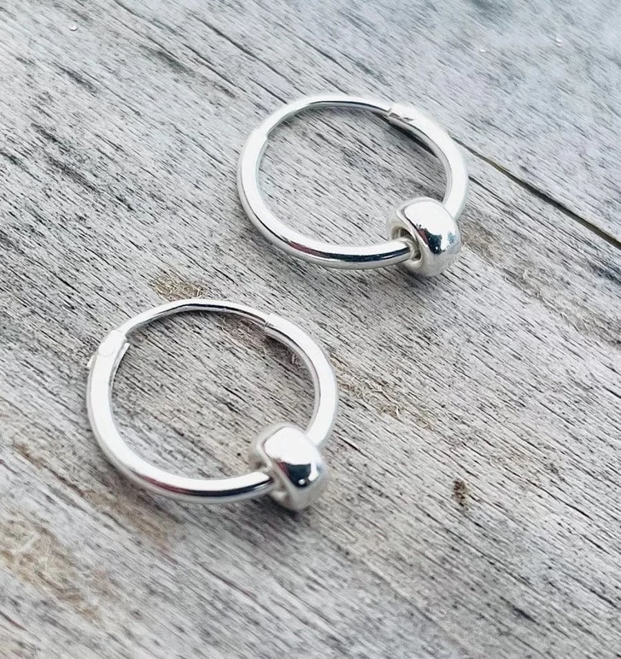 Sterling Silver 12mm Hoop Earrings with Rondelle Beads