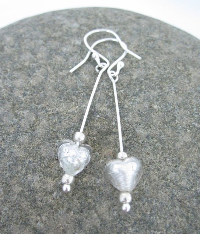 Venetian heart murano glass &  Silver Earrings Silver White.  Drop Dangle 