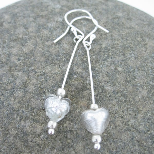 Venetian heart murano glass &  Silver Earrings Silver White.  Drop Dangle 