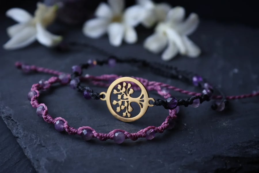 Set of two adjustable bracelets with Amethyst and tree of Life charm 