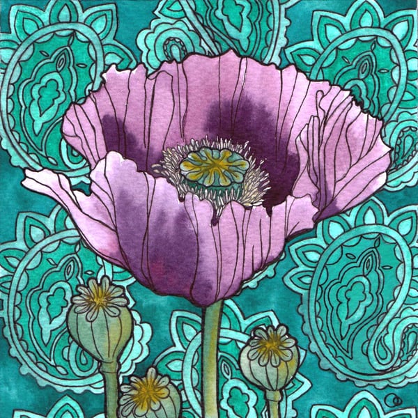  Nouveau Paisley Poppy Design Greeting Card