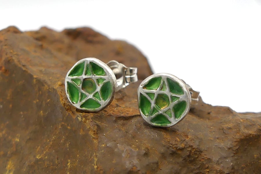 Recycled Sterling Silver Pentacle Stud Earrings with a Green Patina.