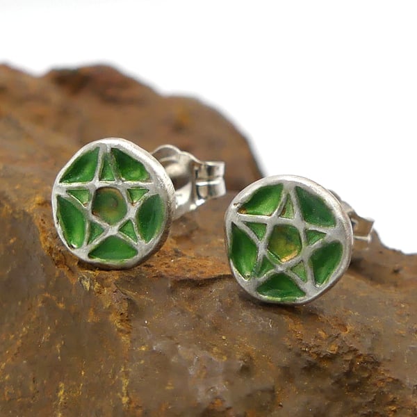 Recycled Sterling Silver Pentacle Stud Earrings with a Green Patina.
