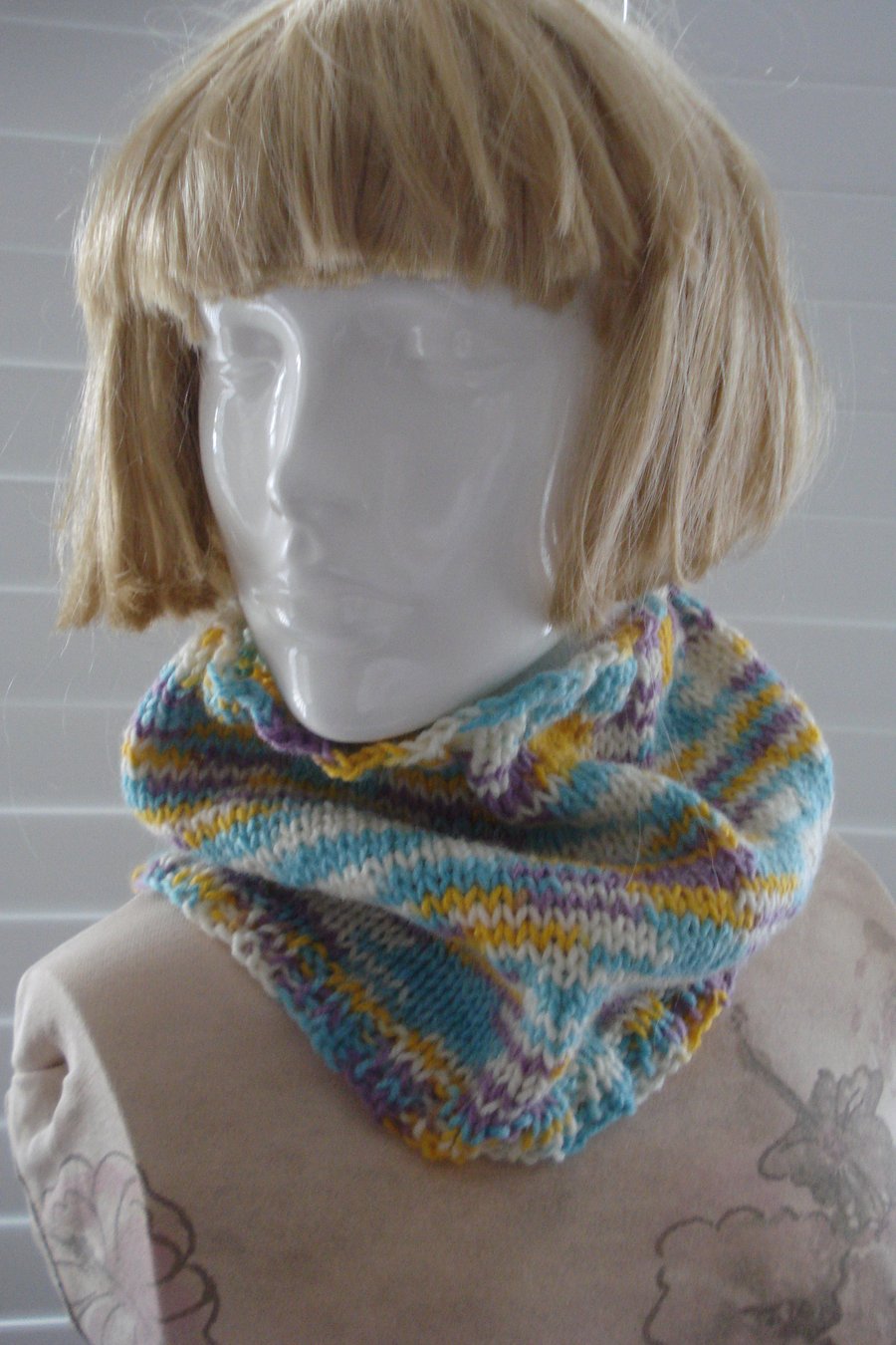 Hand Knitted Pretty Neck Warmer Cowl In Multi Coloured Aran (A40)