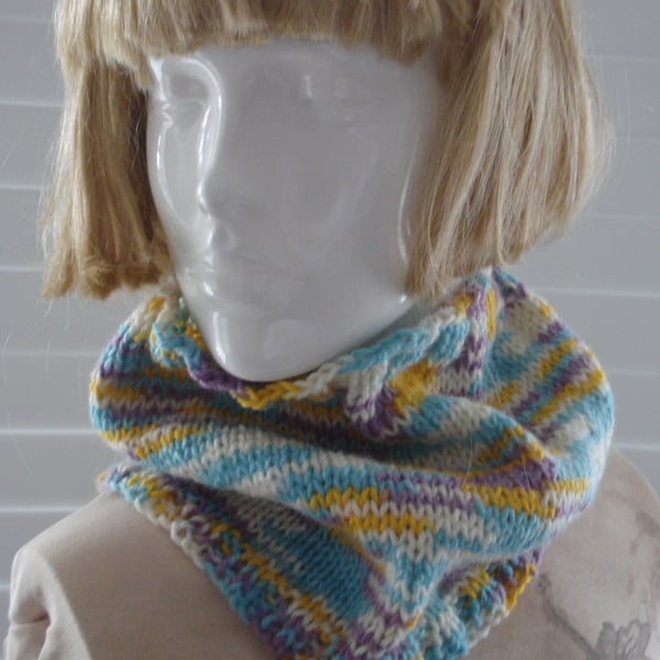 Hand Knitted Pretty Neck Warmer Cowl In Multi Coloured Aran (A40)