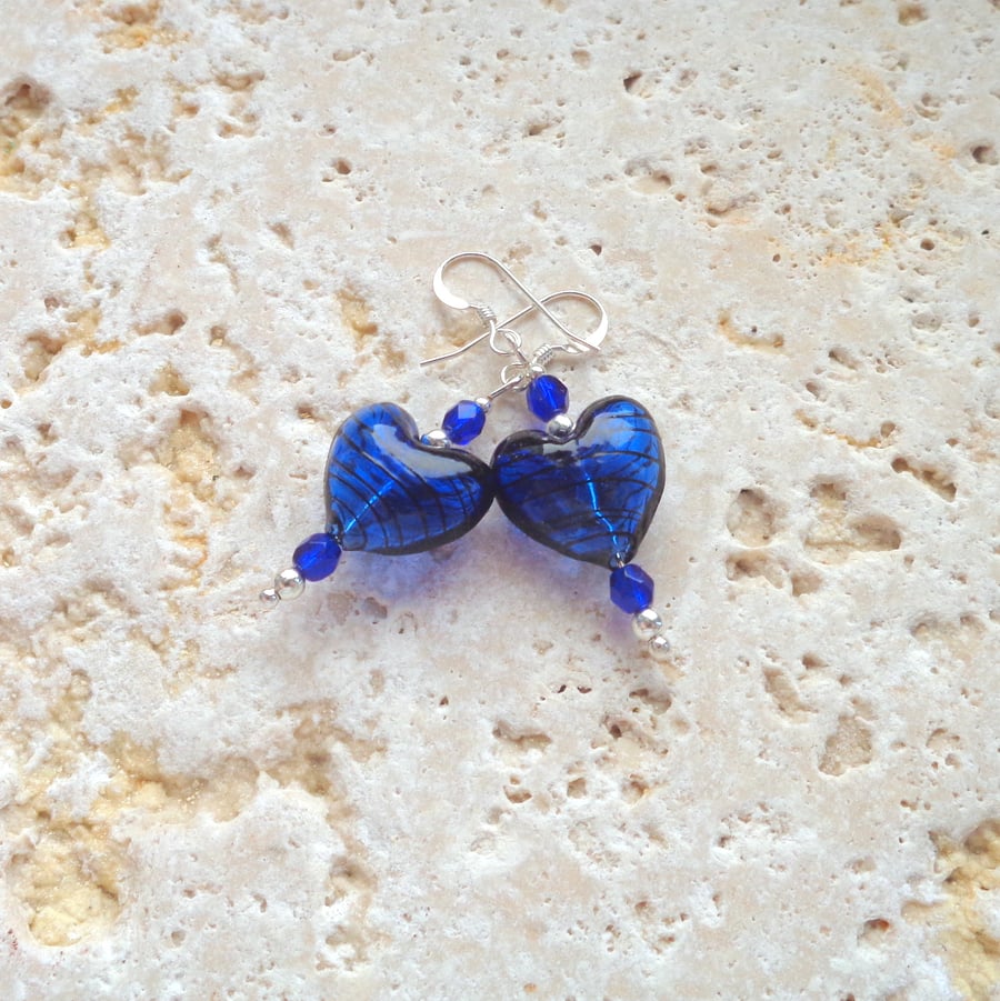 Sterling silver drop earrings with royal blue & black unique hollow glass hearts