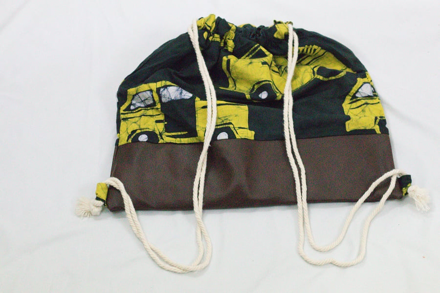 Black & Yellow faux leather batik adire fabric fully lined drawstring backpack
